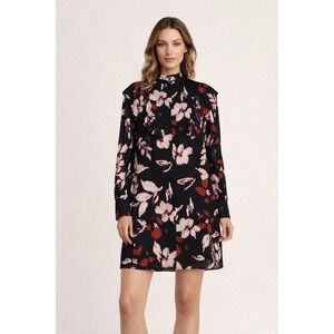 Sanctuary Womens Black Floral Metallic Ruffle Mock Neck Mini Dress Large